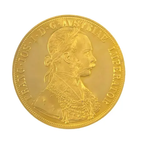Guldmynt 4 Dukater 1915 - Franz Joseph I Österrike, 986/1000 (23,66K), Ø40 mm, fint exemplar Vikt: 13,9 g