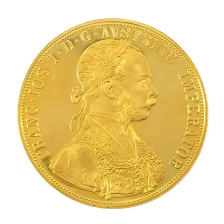 Guldmynt 4 Dukater 1915 - Franz Joseph I Österrike, 986/1000 (23,66K), Ø40 mm, fint exemplar Vikt: 13,9 g