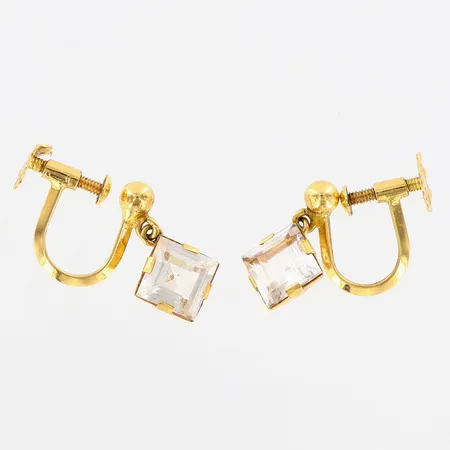 1 par örhängen med vita stenar längd 10mm bredd 15mm skruvstopp stenar 6x6mm 18K Vikt: 2,4 g