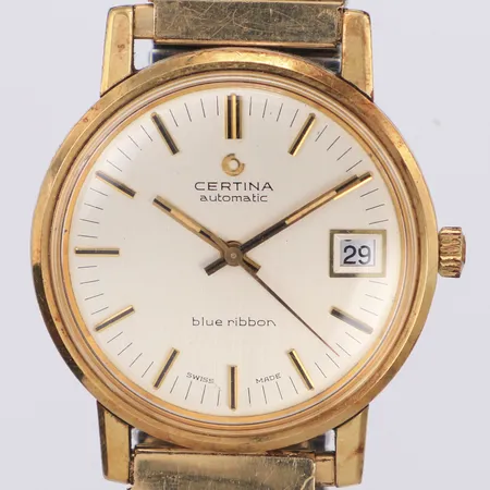 Herrur Certina Blue Ribbon, automat, cal 25-651, serie-nr 913 3416 40 datum, guld på stål, gravyr, flexband, år 1975
