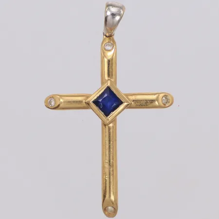 Hänge kors blå sten och diamanter 4x ca 0,02ct, längd 38mm, bredd 22,4mm, tvåfärgat, 14K  Vikt: 4,1 g