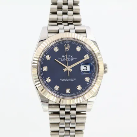 Herrur Rolex Datejust Ø41mm, automatisk , stål, datum, sekundvisare, blå urtavla, vitguldsring, diamantindex, jubilélänk 17cm innermått, bredd:15-20mm, cal: 3235, boett-nr:2480, verknummer:41L370N4, referens-nr:126334, clasp-cod:R5Y, certifikat från 2022, instruktionsbok