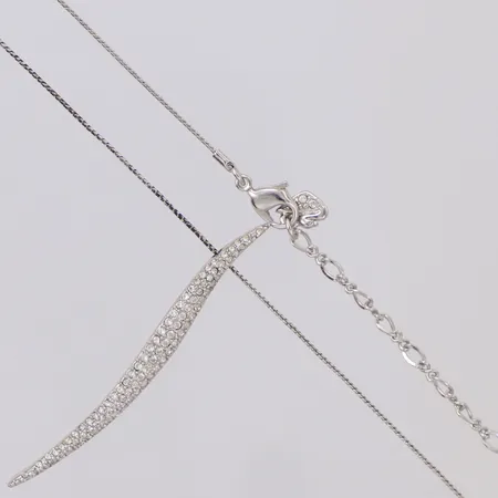 Collier längd 40cm, hänge vita stenar, 60mm, bucklor på länk, vitmetall, Swarovski originalask