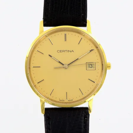 Herrur Certina Ø33,5mm ref nr. EOL 158.9289.68, quartz, datum, går ej ( batteribyte krävs), läderband, guld i boett 18K, gravyr, brukslitage  Vikt: 0 g