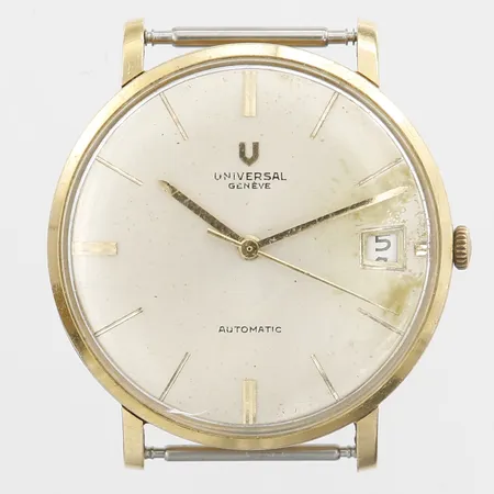 Herrur Universal Genevé, 18K guld, automat, datum, Ø36mm, skadad urtavla, repor.