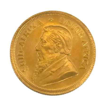 Guldmynt Sydafrika 1/10 Krügerrand 1987, 22K guld (917/1000), Ø16,5 mm, förvaras i etui från Cape Gold Coin Exchange, etui mått ca. 65x65 mm, fint skick  Vikt: 3,4 g