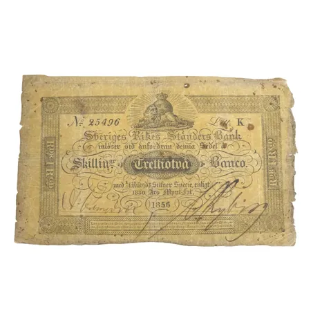 Sedel Sverige 32 Skilling Banco 1856, Sveriges Rikes Ständers Bank, No 25496, ej graderad, förvaras i sedelficka 