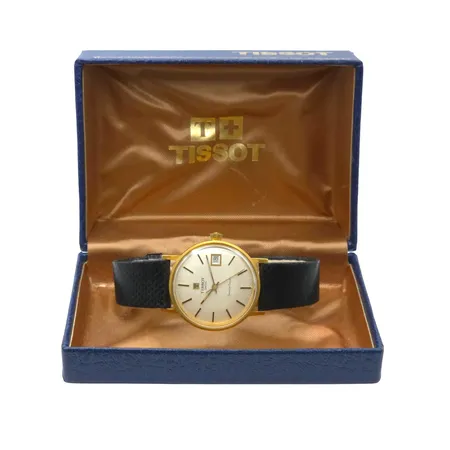 Herrur Tissot Seastar Seven, 18K guld, Ø34 mm, manuell - fullt fungerande, gravyr, original skinnband och spänne, box, fint skick,  Vikt: 0 g