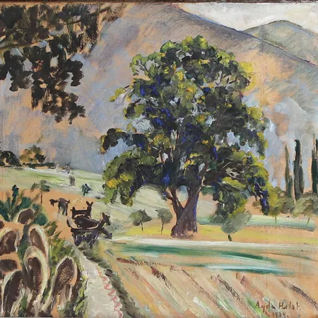 Tavla Agda Holst olja på pannå "Morgon" rammått: 56x47,5cm, signerad, daterad 1934, sitter löst i ram Skickas med postpaket.