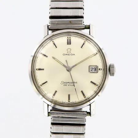 Omega Seamaster De Ville, manuell, 34mm, datum, stål, repigt glas/ boett, flexlänk, utbytt krona ej original, inga tillbehör Vikt: 0 g