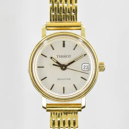 Damur Tissot Seastar 18K, quartz, Ø22mm, datum, länk i doublé, graverad bakboett, behov av batteribyte, inga tillbehör, bruttovikt 25,6g.