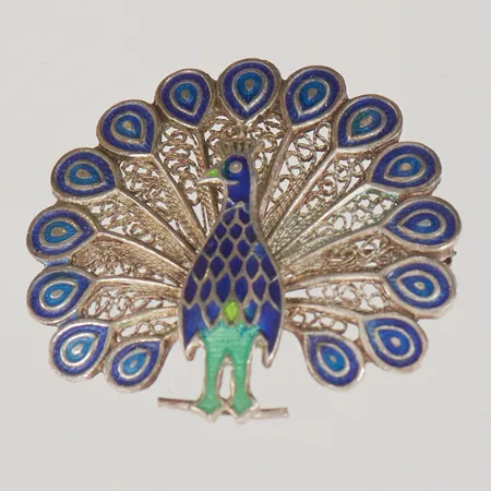 Brosch "påfågel" 26mm emaljdekor 830/1000 Silver 4,1g.