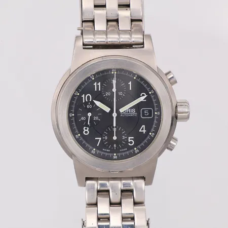Armbandsur Oris Big Crown 42mm, automatisk ref: 7511, serienr: 20 33604, ca 2002, stål, safirglas, datum, kronograf, glasbaksida,  box och extra länkar.