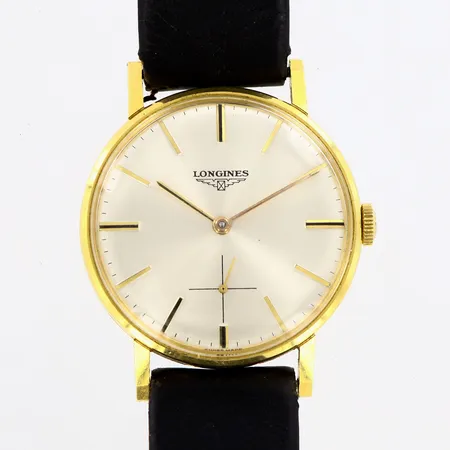 Herrur Longines Ø34mm manuell, läderband med original spänne, gravyr, brukslitage, 18K 