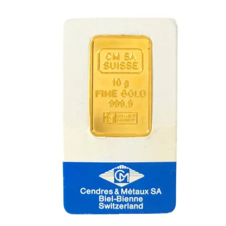 Guldtacka 10 gram 999/1000, CM - Cendres & Métaux SA Switzerland, bruten förpackning, del av förpackning medföljer, fint ex.  Vikt: 10 g