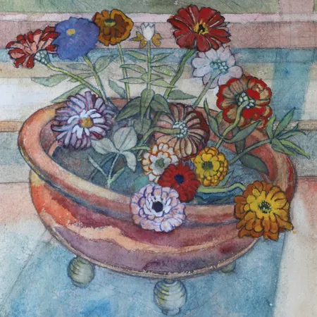 Tavla Hilding Linnqvist "Zinnia", blandteknik på papper, signerad, bildyta ca 80x58cm, ram med materialbortfall, kvitto från Östergötlands och Lindköpings stads museum daterad 1982, ej examinerad ur ram. Skickas med postpaket.