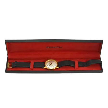 Herrur Zenith 28800, 18K guld, automatisk, kaliber 2552 PC, 70-tal, skinnband med torrsprickor, original spänne, originalbox Vikt: 0 g