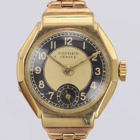 Damur Record 14K, manuell, 21mm, boettnr 3519 344318, armband Pansar 18K, skadad urtavla och plexiglas, bucklor, bruttovikt 20,4g, inga tillbehör.  