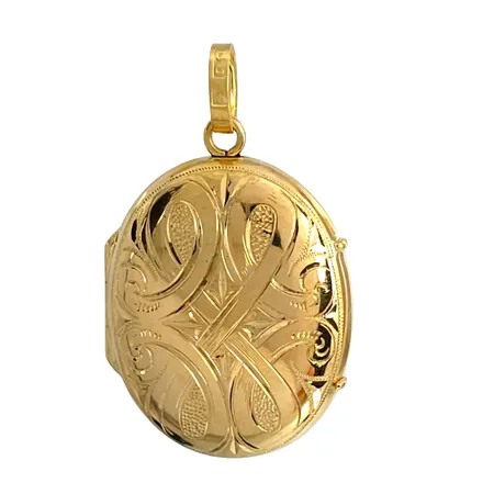 Antikt Hänge Medaljong 1800-tal, 18K guld, mönstrad fram- och baksida, Guldsmed Bernt Erlandsson, Kristianstad 1880, svensk kontrollstämpel, längd inkl. ögla 39 mm, bredd 23 mm, tjocklek 7 mm, fint skick Vikt: 5,2 g