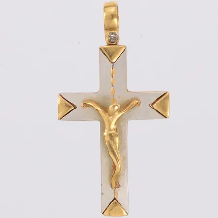 Hänge krucifix, längd 40mm, bredd 20,5mm, tvåfärgat, 18K  Vikt: 6,5 g