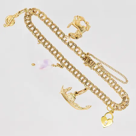 Armband Bismarck 5 berlocker längd 18cm bredd 5mm, fastlödd ögla defekt, Nordiska Guldvaru-Aktiebolaget 18K Vikt: 12,3 g