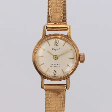 Damur Royal 17 Rubies Incabloc, boett i 14K, manuell, Ø18,3mm, längd inklusive uret 16cm, repig, går ej, säkerhetskedja saknas, armband 18K Vikt: 23,9 g