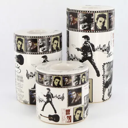 Tre keramik värmeljus Elvis Presly motiv, Ø10cm, Längd: 10, 15, 20cm Vikt: 0 g Skickas med paket.