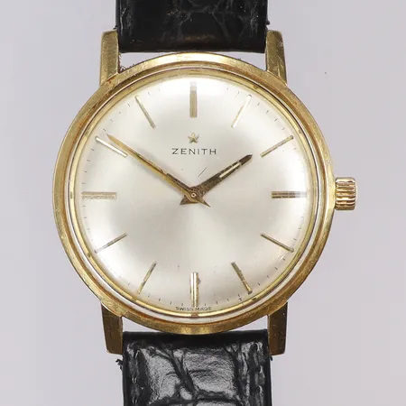 Herrur Zenith 18K Ø33,5mm cal. 3532, manuell uppdragning, boett med slitage, läderband med slitage, bruttovikt 36,9g 