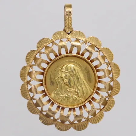 Hänge jungfru Maria längd 40mm, bredd 32mm, 18K  Vikt: 5,1 g