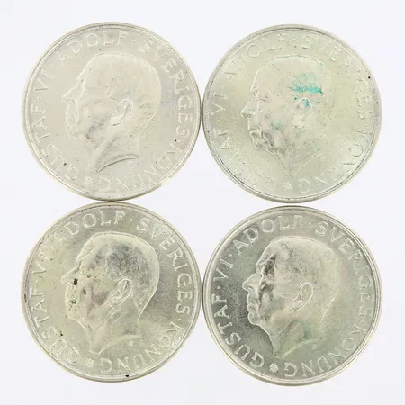 Mynt 4st 10-kronor, Ø32mm, Gustaf VI Adolf Sverige, 1972, silver 830/1000 Vikt: 72,4 g
