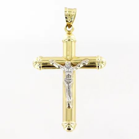 Hänge krucifix med vitguldsdetalj längd 54mm, bredd 30mm, mindre bucklor, 14K  Vikt: 2,9 g