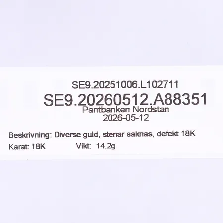 Diverse guld, stenar saknas, defekt 18K  Vikt: 14,2 g