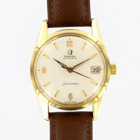 Herrur Omega Seamaster, guld på stål, Ø34mm, automatisk, datumfömster, läderband med originalspänne, originalkrona