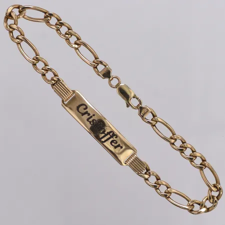 Armband Figaro platta gravyr Cristoffer längd 20,5cm, bredd 5,2-7,6mm, italienska stämplar, 18K  Vikt: 8,1 g