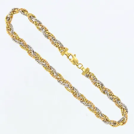 Armband trefärgat och flätat ca 20cm, bredd ca 5mm, 18K Vikt: 5,8 g