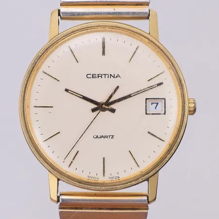 Herrur Certina 14K quartz Ø33mm, EOL 115.9199.65, datum, stålarmband längd 19cm bredd 15mm, yrkesgravyr, står still, inga tillbehör