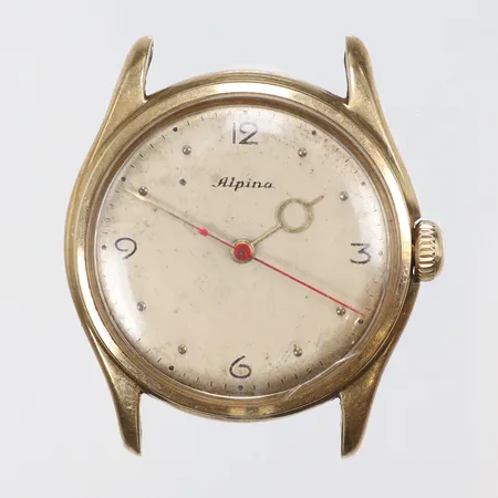 Herrur Alpina 14K Ø32mm boett nr. 130721, manuell uppdragning ca 1940/50-tal, spricka i glaset, med slitage, bruttovikt 26,7g