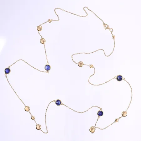 Halscollier med blå stenar 72cm bredd 1-7mm 18K Bruttovikt: 8g 
