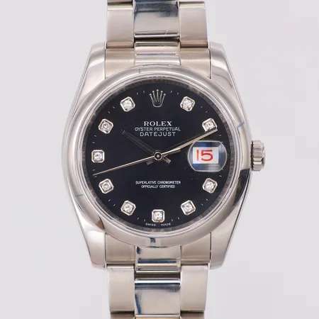 Herrur Rolex Oyster Perpetual datejust automatisk Ø36mm diamantindex, referensnr 116200 serienr Z235712, caliber 3135, verknr 3 1288972, boett 2080, stål, diamanturtavla, oysterlänk, servad 2021, box, låda, kvitto, kaplansintyg, minimalt märke vid klockan 22 på urtavlan
