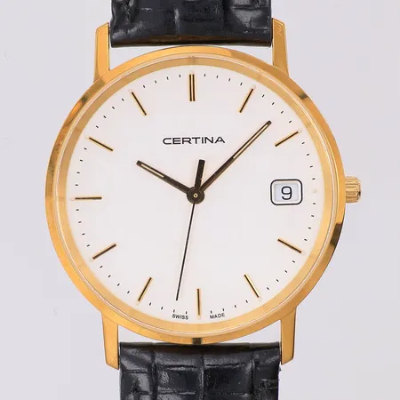 Herrur Certina 18K quartz Ø33,5mm, 158.9289.68, datum, original läderband längd 21 cm bredd 17,5mm, etikettmärkt, yrkesgravyr, står still, box, låda