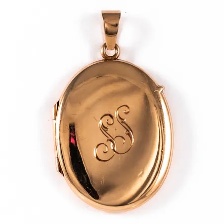Hänge medaljong 19x24mm, limrester invändigt, gravyr, 14K 3,3g. 