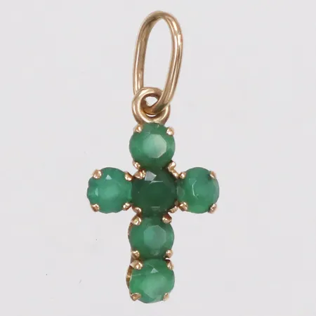 Hänge kors med gröna stenar längd 20mm inkl ögla, bredd 3,2-9,1mm, 14K Vikt: 0,7 g