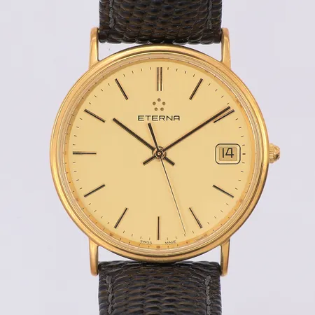 Herrur Eterna 18K quartz Ø32mm, 4101.68, datum, läderband 21cm, står still, yrkesgravyr, etui