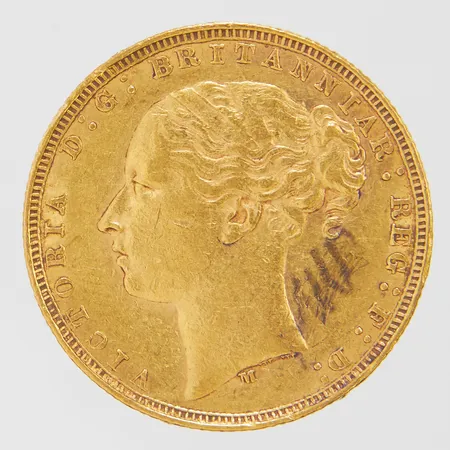 Mynt 1 Sovereign - Victoria 1879, Ø22mm, märken, nagg, 22K Vikt: 7,9 g
