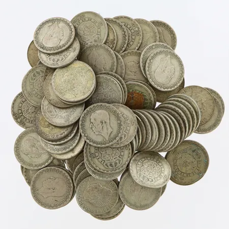 Mynt 89st 1-kronor, Ø25mm, silver 400/1000 Vikt: 618,3 g