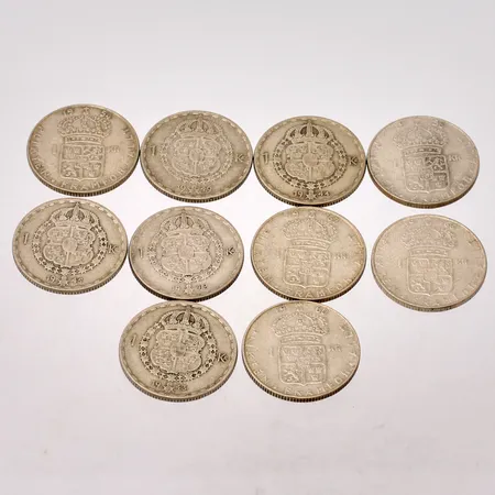  10st svenska mynt, 1kronor, silver 400/1000, vikt 69,38g.