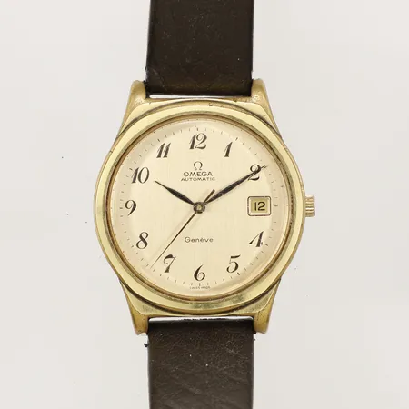 Herrur Omega Genéve stål/doublé automat ref-nr:166 0168 serie-nr:38128037 kaliber:1012 Ø36mm, läderband 25cm inklusive boetten årtal ca 1974 inga tillbehör repor