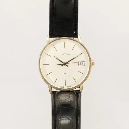 Herrur Certina guld quartz Ø33mm läderband inklusive boetten 23cm gravyr repor slitet band box 18K