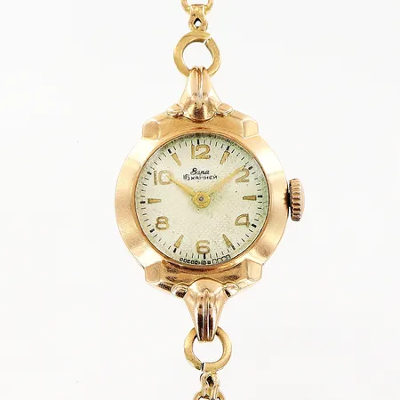 Damur manuell längd 20cm, bredd länk 4mm, Ø21mm, repor på glas, missfärgningar urtavla, 14K bruttovikt 18,4g