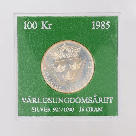 Minnesmynt Världsungdomsåret 1985, nominellt värde 100kr, etui, silver 925/1000 Vikt: 16 g